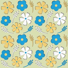 Naive childish flat seamless pattern with flowers. Summer Scandinavian floral nursery print design in pastel blue and yellow colors