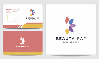 Beauty Women Face with Leaf Logo and Business Card Design for Spa, Identity, Wellness, Health, Medical or Science