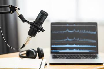 Condenser microphone in recording home studio. Content creator working with laptop host streaming radio podcast interview conversation at home broadcast studio recording waveform voice over radio