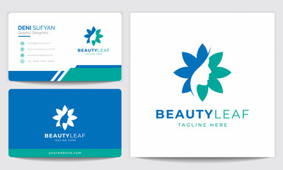 Beauty Women Face with Leaf Logo and Business Card Design for Spa, Identity, Wellness, Health, Medical or Science