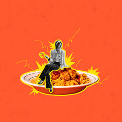 Contemporary art collage. Stylish woman sitting on plate with delicious pasta isolated over orange background