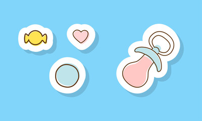 Pacifier and Sweet as Infant Sticker on Blue Background Vector Set