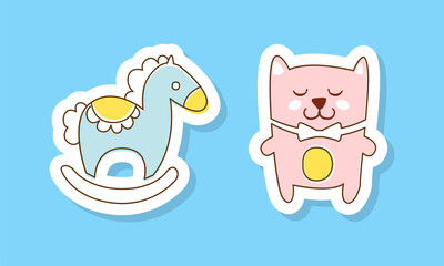 Rocking Horse and Cat as Infant Sticker on Blue Background Vector Set