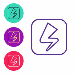 Set line Lightning bolt icon isolated on white background. Flash sign. Charge flash icon. Thunder bolt. Lighting strike. Set icons colorful. Vector