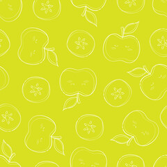Vector fruit seamless pattern with apple contours on a bright light green background
