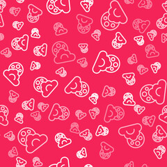 White line Cloud with moon icon isolated seamless pattern on red background. Cloudy night sign. Sleep dreams symbol. Night or bed time sign. Vector