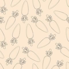 Vector seamless fruit pattern, gray outline of carrots on a light pink background. Modern linear Art