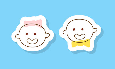 Baby Boy and Girl Head as Infant Sticker on Blue Background Vector Set