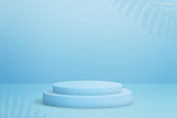 Double cylinder shape podium for product presentation. Clean scene with blue background and small shadows of palm leaves
