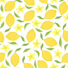Vector seamless fruit pattern, yellow lemon with flowers on a white background. A luxurious pattern for the design of websites, vegan products, packaging, textiles, etc.