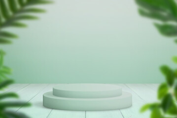Green pedestal for product presentation surrounded by plant leaves