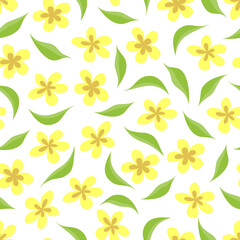 Vector seamless floral pattern. Yellow flowers and leaves on a white background. Luxury template for website design, product design, packaging, textiles, etc.