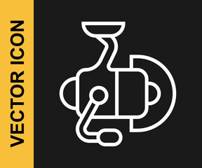 White line Spinning reel for fishing icon isolated on black background. Fishing coil. Fishing tackle. Vector