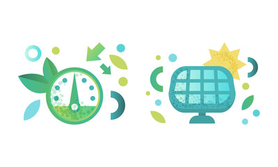 Green Ecology Flat Icon and Eco-friendly Environmental Symbol with Solar Panel Vector Set