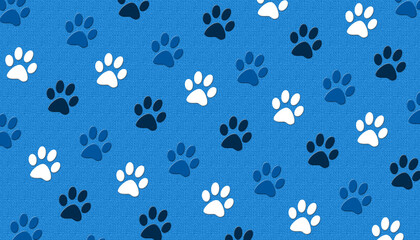 Fototapeta na wymiar Blue canvas texture background with paw cat print pattern 
