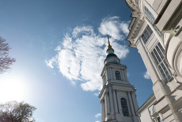 Church against the blue sky. Dome Orthodox Church view from below. old church.