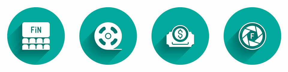 Set Cinema auditorium with screen, Film reel, ticket and Camera shutter icon with long shadow. Vector