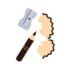 Sharpened small pencil, metal sharpener, pointer and wood remains, shavings. Sharp topper tool. Flat vector illustration isolated on white background