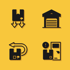 Set Cardboard box with traffic symbol, Home delivery services, Return cardboard and Warehouse icon with long shadow. Vector