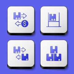 Set Tax cardboard box, Warehouse interior with boxes, Cardboard traffic symbol and Carton icon. White square button. Vector