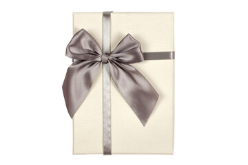 Beige gift box with ribbon isolated on white background, top view