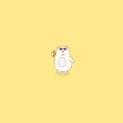 A cute white bear is standing holding an ice cream cone on a yellow background.