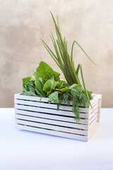 Fresh greens in a white box - green onions,dill, spinach on a white table on a background of concrete wall. Home delivery of fresh vegetables. Bright sunbeams. Copy Space.