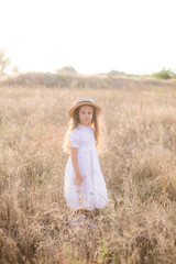 Fototapeta na wymiar A cute little girl with long blond curly hair in a white summer dress and a straw boater hat in a field in the countryside in summer at sunset. Nature and Ecolife