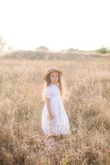 Fototapeta na wymiar A cute little girl with long blond curly hair in a white summer dress and a straw boater hat in a field in the countryside in summer at sunset. Nature and Ecolife