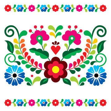 Mexican floral folk art style vector greeting card on invitation pattern, decoration inspired by traditional embroidery from Mexico
 