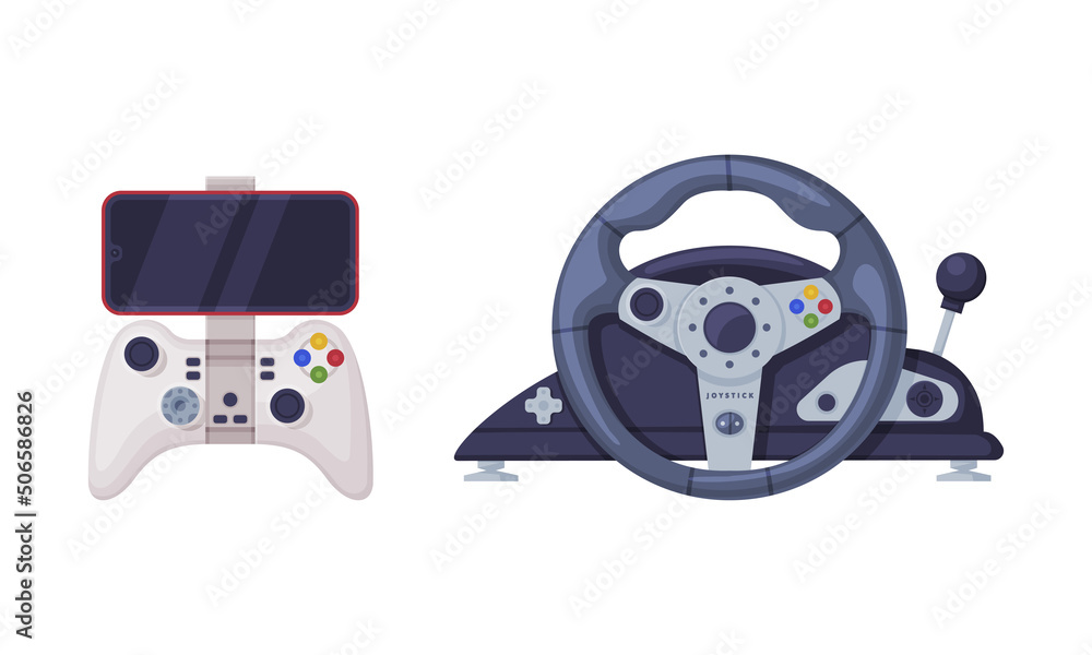 Poster gamepad and steering wheel as game controller and input device for video game console vector set