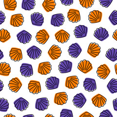 Seamless pattern with orange and purple seashells.