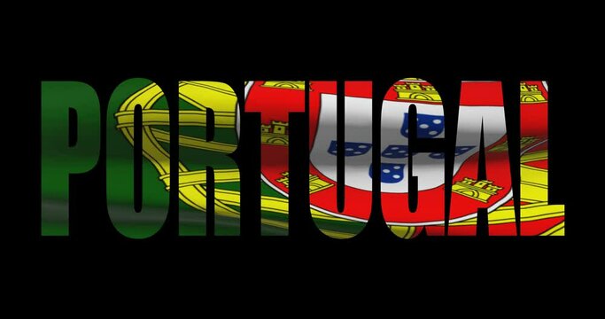 Portugal country name on transparent background. Word animation with waving national flag
