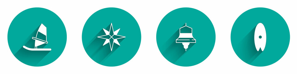 Set Windsurfing, rose, Ship bell and Surfboard icon with long shadow. Vector