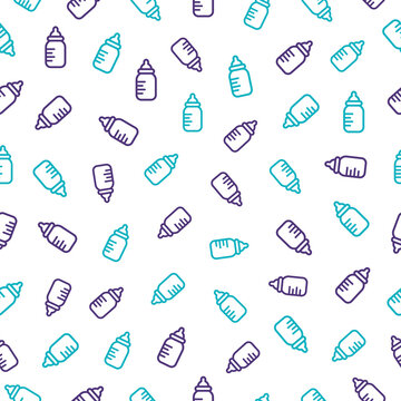 Seamless pattern with blue and purple baby bottles.