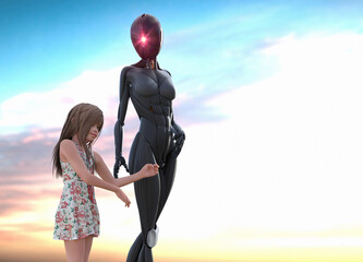 Robot looking after a child, illustration