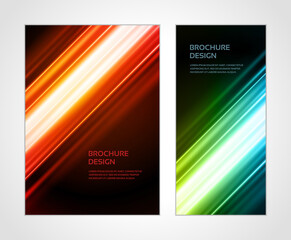 Obraz premium Diagonal illuminated techno geometric stripes gradient flow booklet set realistic design template vector illustration. Hi tech dynamic network circuit data connection virtual generated digital energy