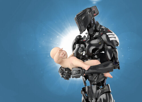Robot looking after a baby, illustration