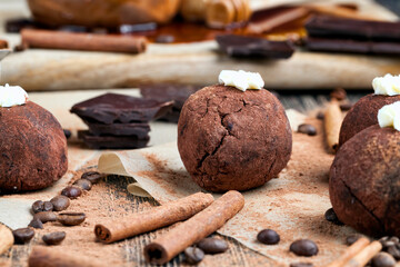 spherical chocolate cake with cocoa, cinnamon and coffee