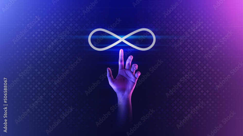 Poster hand touch metaverse infinite loop unlimited technology futuristic digital connection background of 