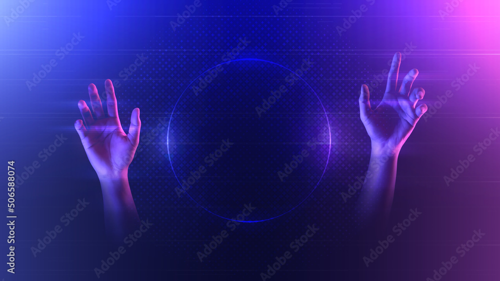 Aufkleber hand touch metaverse technology futuristic digital connection background of virtual reality cyberpun