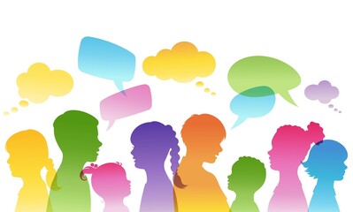 Silhouette of group of children in profile. Children talking with speech bubbles. Communication of multi-ethnic people. Isolated. Vector illustration - 506588014