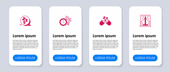 Set Window with curtains, Sleeping pill, Alarm clock and Sleepy. Business infographic template. Vector