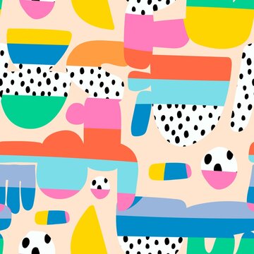 Abstract background. Square seamless Pattern. Hand drawn various shapes. Contemporary modern art. Trendy colorful Vector illustration. Bright colors. Poster, wallpaper template