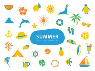 夏のシンプルなイラストアイコンセット / ノーマル / ビーチ、海、自然、動物、花、フルーツ