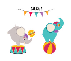 Fototapeta premium Circus Elephant Animal with Ball Performing Trick Vector Illustration Set