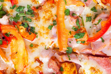 pizza with different ingredients pepper, cheese, sausage and green spices