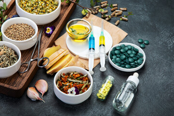 Fototapeta na wymiar Assortment of herbal and traditional medicine.
