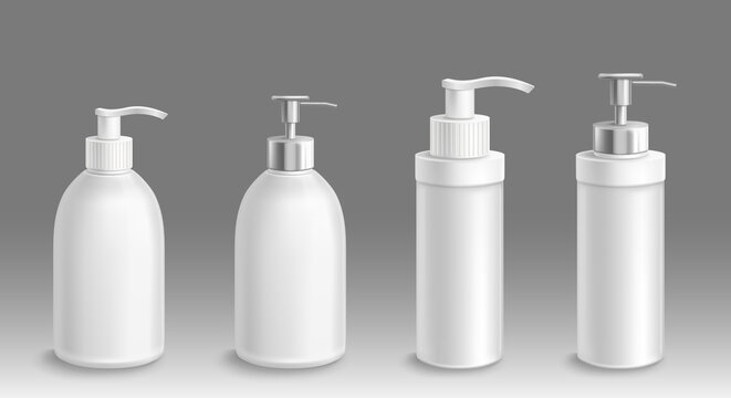 Bottle for liquid soap or lotion 3d vector mockup. Isolated antibacterial or antiseptic gel airless pump containers, white blank plastic packages with dispenser for bath or toilet, Realistic mock up
