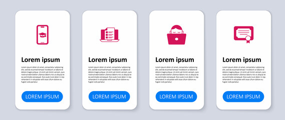 Set Certificate template, Student working laptop, Online quiz, test, survey and Graduation cap on mobile. Business infographic template. Vector